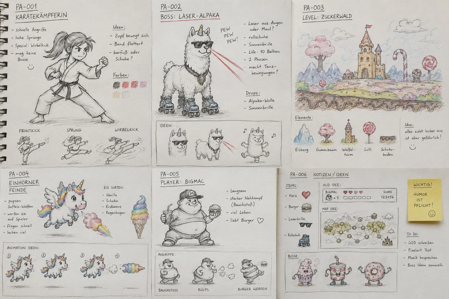 Concept Art und frühe Figurenentwürfe zu Projekt Alpaka